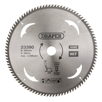 Draper TCT SAW BLADE 305MM 96T WOOD 23390 TCT Circular Saw Blade for Wood, 305 x 30mm