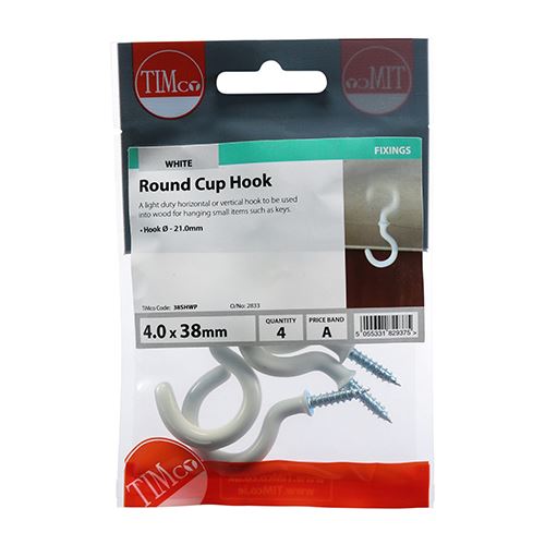 TIMCO Round Cup Hook - White 38mm White Pack 4