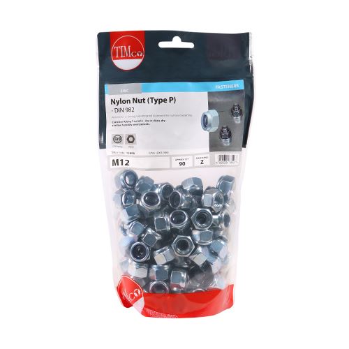 TIMCO P Nylon Nut DIN 982 - BZP M12 Silver Pack 90