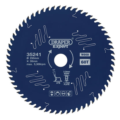 Draper TCT SAW BLADE 250MM 60T 35241 TCT Circular Saw Blade for Wood with PTFE Coating
