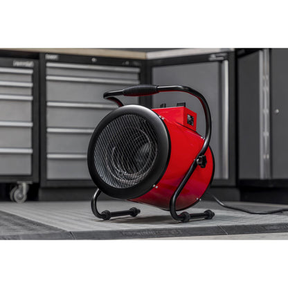 Sealey EH5001 Industrial Fan Heater 5kW/400V | 17,000Btu/hr, 2500/5000W, 400V-16A, Thermostat, Overheat Protection, Tip-Over Switch, Adjustable