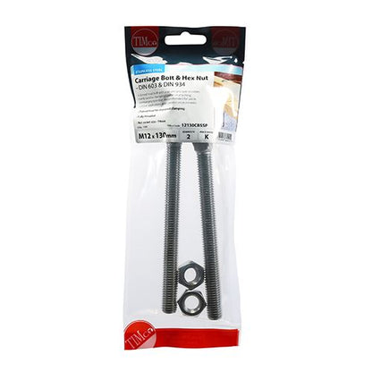 TIMCO Carriage Bolt & Hex Nut -A2 SS M12 x 130 Pack 2