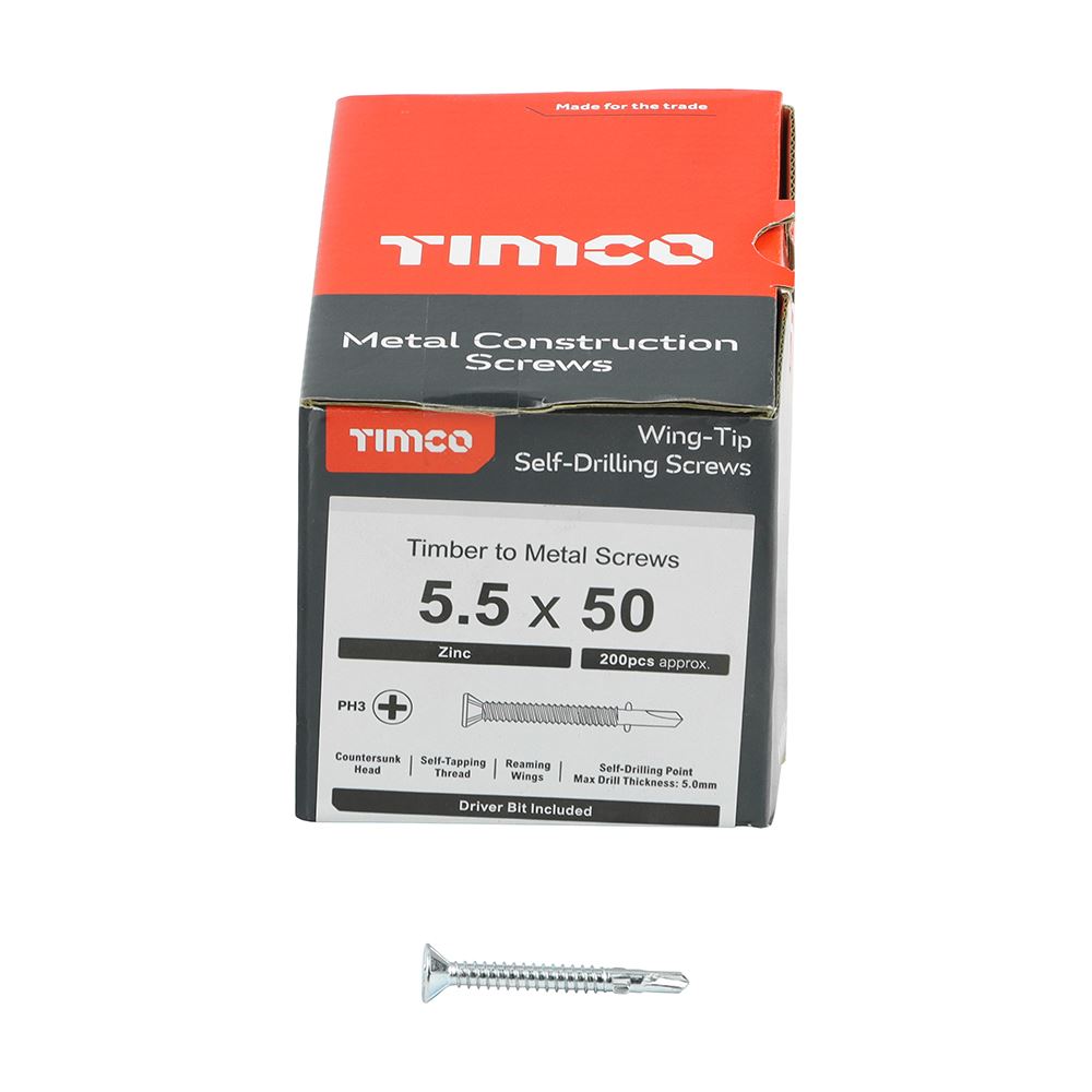 TIMCO WingTip Screw S/DRILL No3 Zinc 5.5 x 50 Silver Pack 200