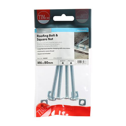 TIMCO Roofing Bolt & SQ Nut - BZP M6 x 80 Silver Pack 4