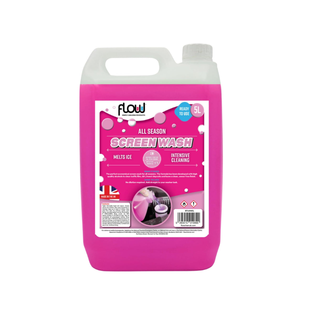 Flow Pink Ready To Use Screenwash | All Seasons Formula | Effective down to -5°C | Streak Free Finish (5 Litre)