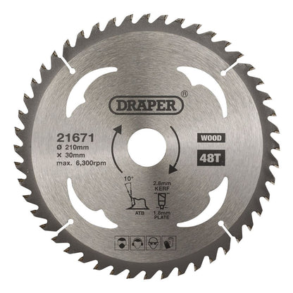Draper TCT SAW BLADE 210MM 48T WOOD 21671 TCT Circular Saw Blade for Wood, 210 x 30mm