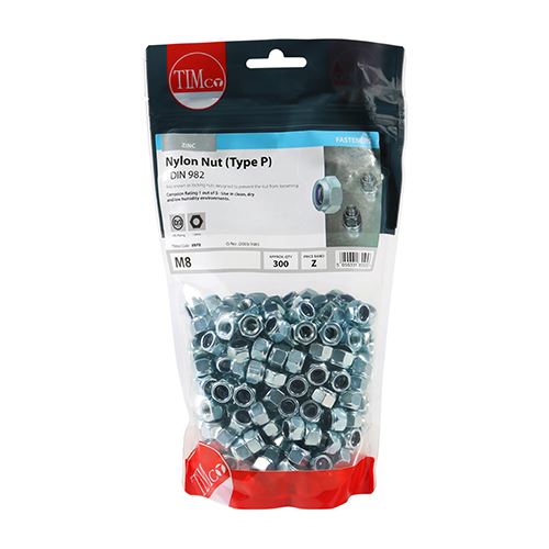 TIMCO P Nylon Nut DIN 982 - BZP M8 Silver Pack 300