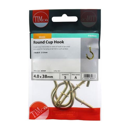 TIMCO Round Cup Hook - E/Brass 38mm Pack 5