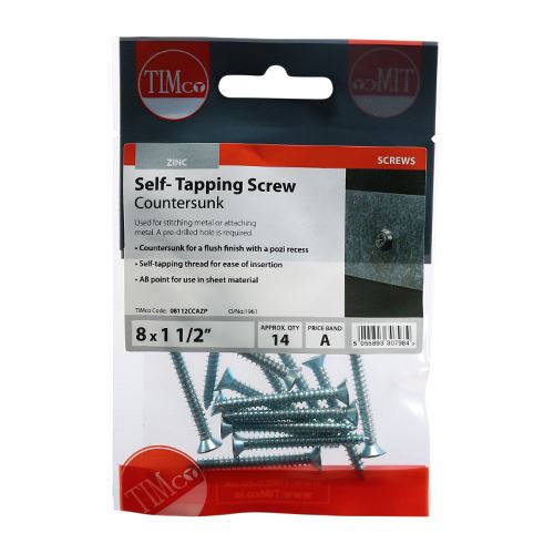 TIMCO S/Tapping Screw PZ2 CSK - BZP 8 x 1 1/2 Silver Pack 14