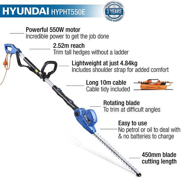 Hyundai HYPHT550E Electric Hedge Trimmer 550W 450mm Corded Long Reach Hedge Cutter Garden Trimmer Garden Hedge Cutter