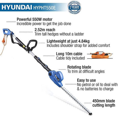 Hyundai HYPHT550E Electric Hedge Trimmer 550W 450mm Corded Long Reach Hedge Cutter Garden Trimmer Garden Hedge Cutter