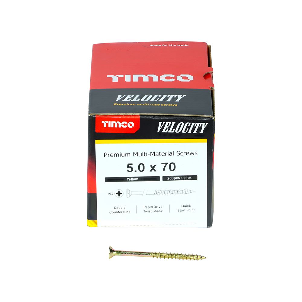 TIMCO Velocity Screw PZ2 CSK ZYP 5.0 x 70 Gold Pack 200