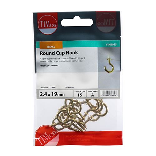 TIMCO Round Cup Hook - E/Brass 19mm Pack 15