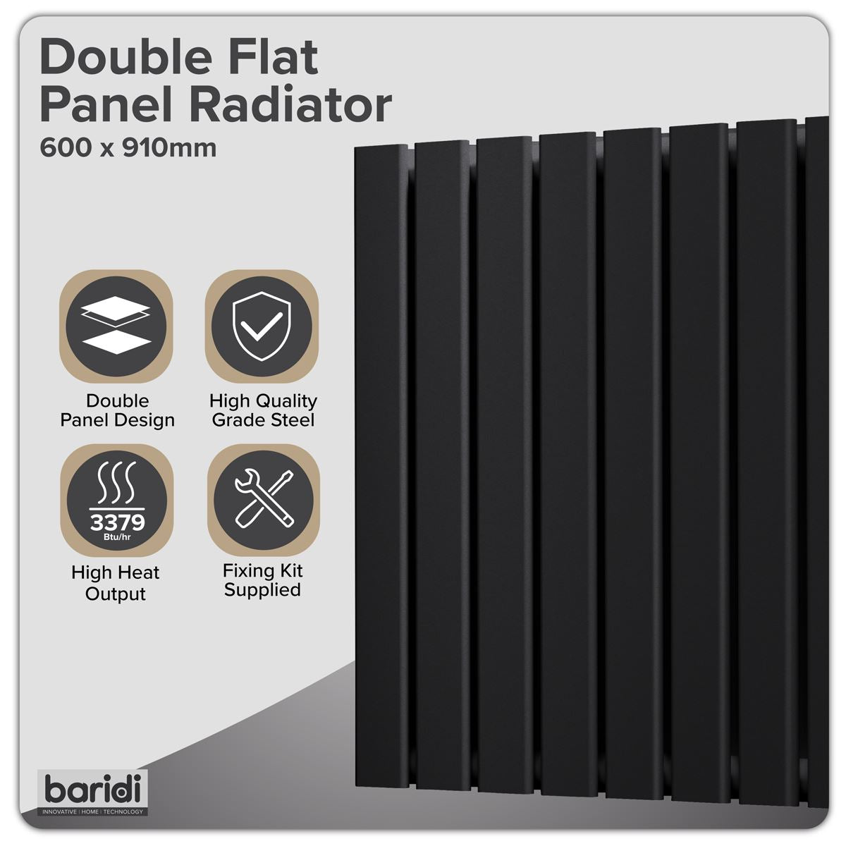 Baridi DH346 Horizontal Radiator Contemporary Double Flat Panel Design 600 x 910mm - Black | Steel | Horizontal flat panel design delivers a BTU