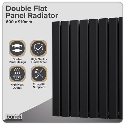 Baridi DH346 Horizontal Radiator Contemporary Double Flat Panel Design 600 x 910mm - Black | Steel | Horizontal flat panel design delivers a BTU