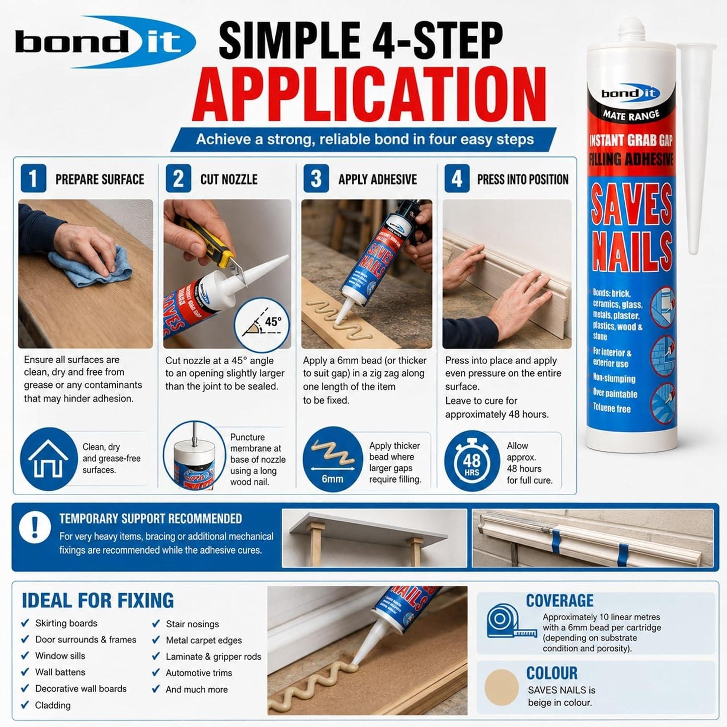 Bond It Saves Nails Solvent Free Grab Adhesive – High Strength Gap Filling Construction Adhesive for Wood, Brick, Concrete and Plasterboard