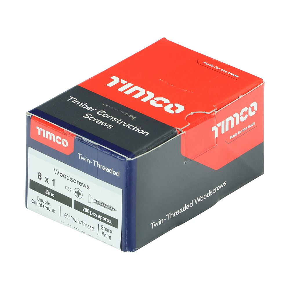 TIMCO Twin Woodscrew PZ2 CSK Zinc 8 x 1 Silver Pack 200