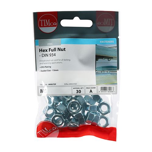 TIMCO Hex Nut DIN 934 - BZP M8 Silver Pack 30