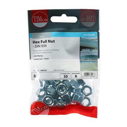 TIMCO Hex Nut DIN 934 - BZP M8 Silver Pack 30