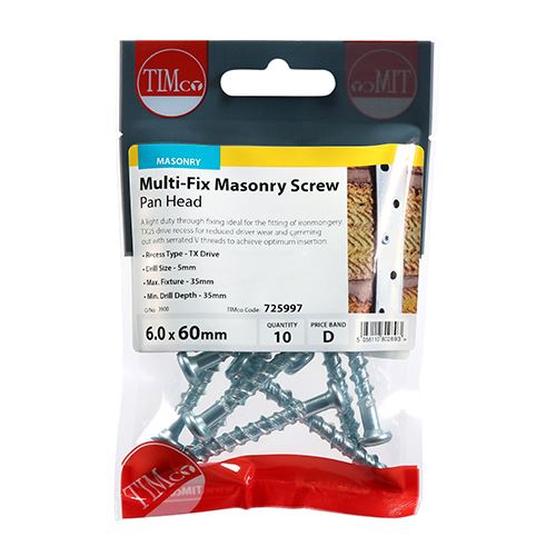 TIMCO Multi-Fix Masonry Screw - PAN 6.0 x 60 Silver Pack 10
