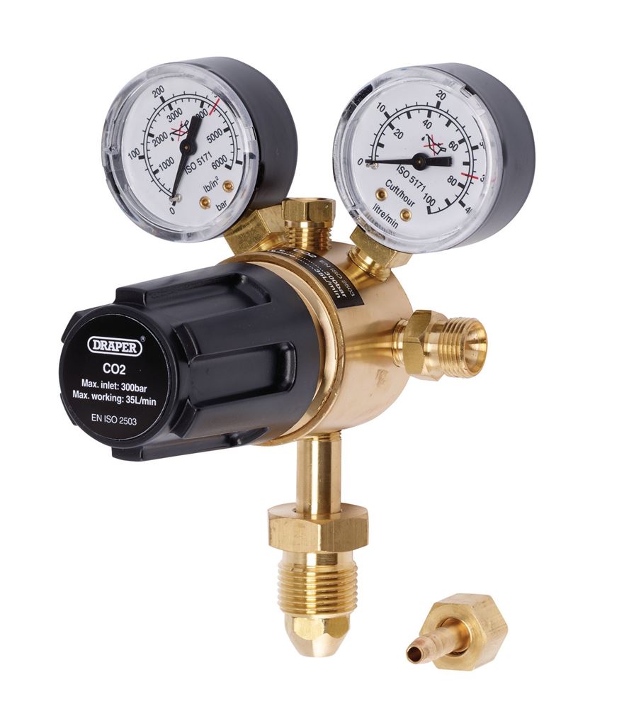 70147 Draper Industrial Gas Bottle Regulator with Double Gauge, 300 bar WREGICO2-2G Welding Accessories Professional Trade DIY Workshop Garage Use