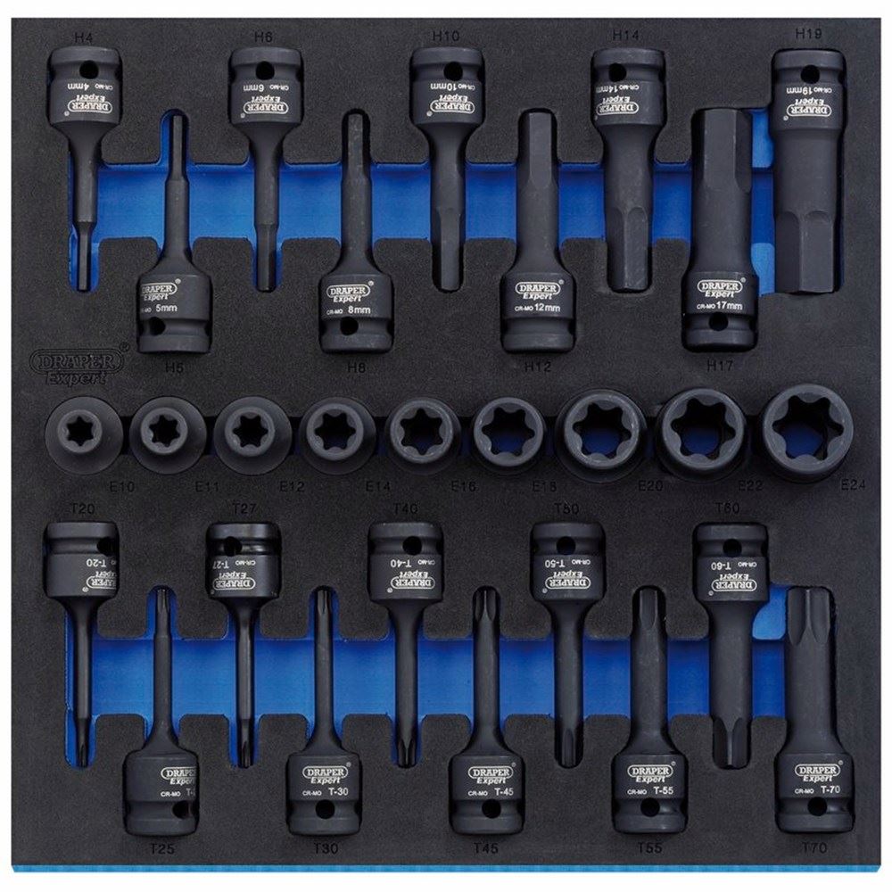 63490 Draper Expert Expert TX-STAR Impact and Hex Socket Set in 1/2 Drawer EVA Insert T Professional Trade DIY Workshop Garage Use