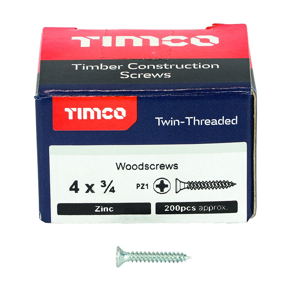 TIMCO Twin Woodscrew PZ1 CSK Zinc 4 x 3/4 Silver Pack 200