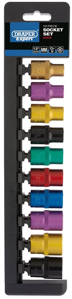 50493 Draper Expert Expert Metric Coloured Socket Set, 1/2 Sq. Dr. (10 Piece) 1/2 Socket Sets Professional Trade DIY Workshop Garage Use