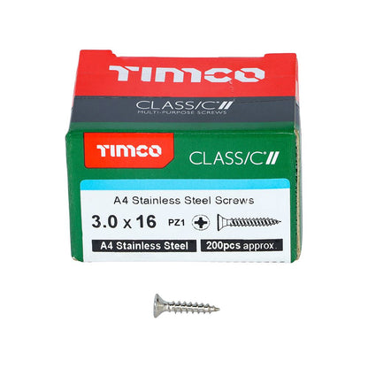 TIMCO Classic Screw PZ1 CSK A4 SS 3.0 x 16 Pack 200