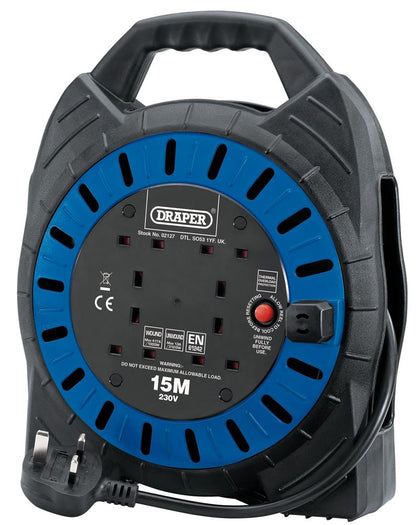 02127 Draper 230V Four Socket Cable Reel, 15m DCR1510D Extension Leads Professional Trade DIY Workshop Garage Use