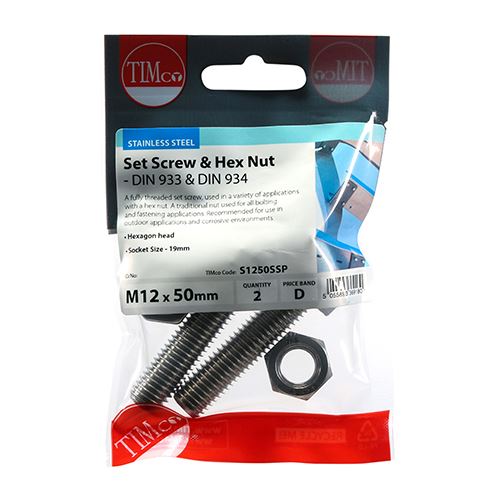 TIMCO Set Screw & Hex Nut - A2 SS M12 x 50 Silver Pack 2