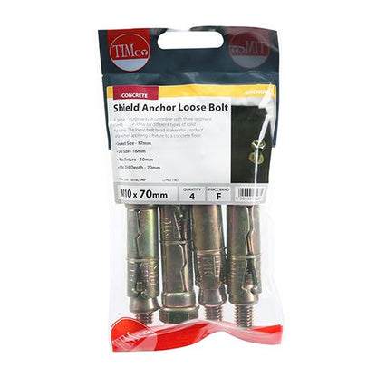 TIMCO Shield Anchor Loose Bolt - ZYP M10:10L (M10 x 70) Gold Pack 4