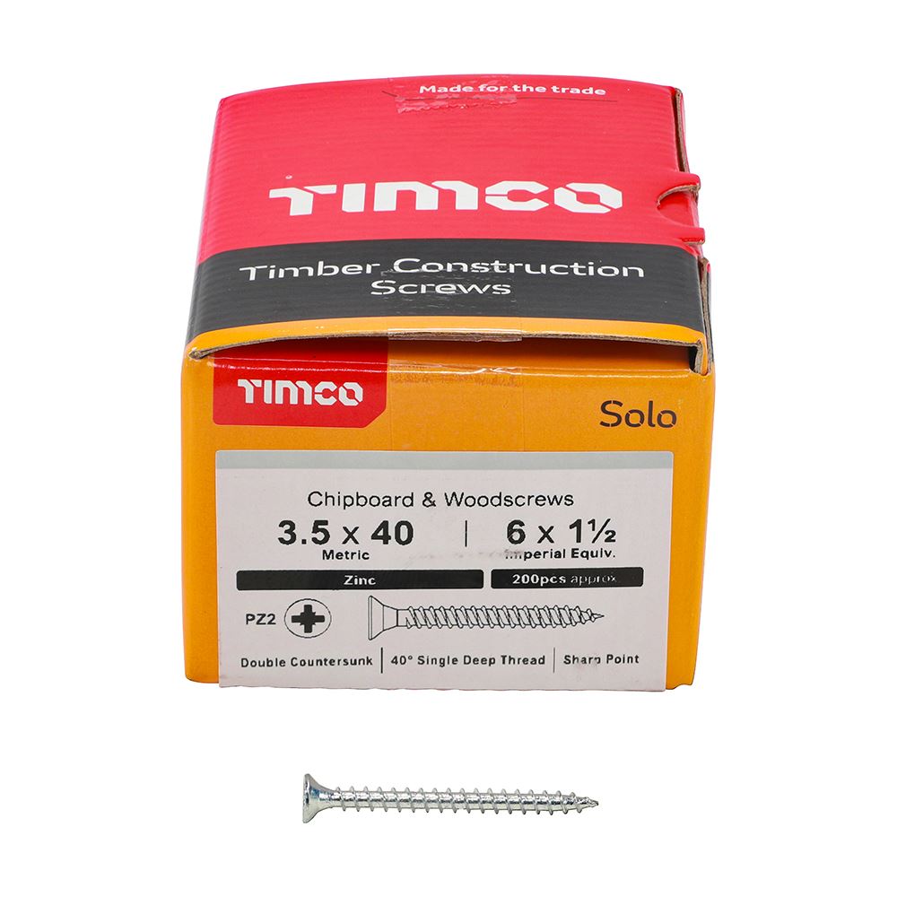 TIMCO Solo Woodscrew PZ2 CSK Zinc 3.5 x 40 Silver Pack 200