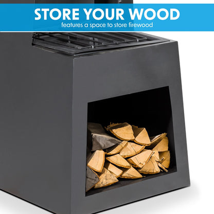 Dellonda DG107 Outdoor Chiminea Fireplace Fire Pit Heater Firewood Storage Black Steel | Stylish chiminea is perfect for relaxing outdoors with family