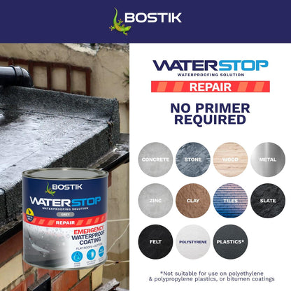 Bostik Waterstop Emergency Coat, Quick Drying, Instant Sealing Coating, For Roofs And Gutters, 1kg, Grey