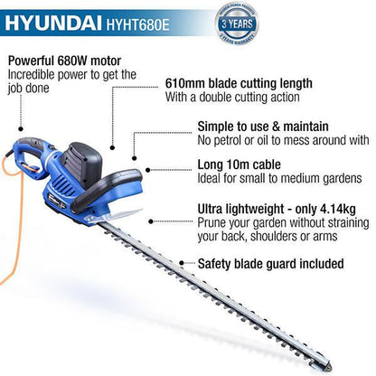 Hyundai HYHT680E Electric Hedge Trimmer 680W 610mm Corded Hedge Cutter Garden Trimmer Garden Hedge Cutter