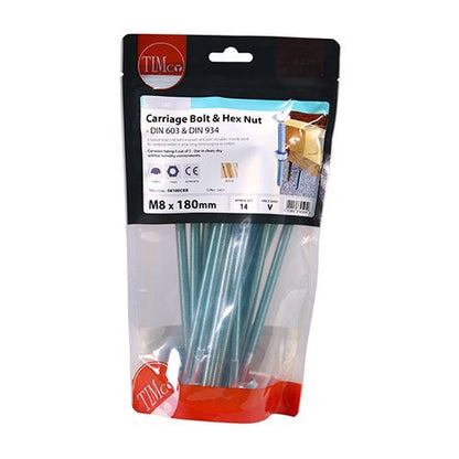 TIMCO Carriage Bolt & Hex Nut - BZP M8 x 180 Silver Pack 14