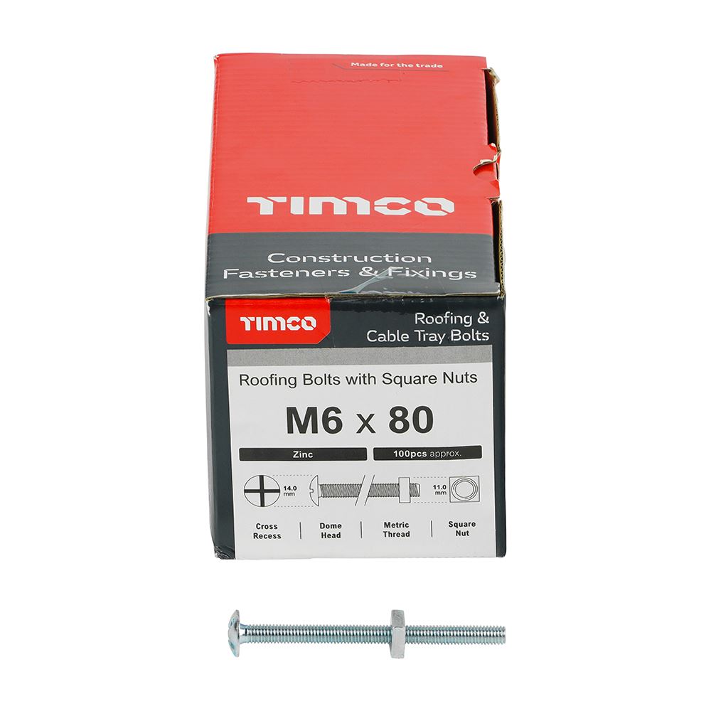TIMCO Roofing Bolt & SQ Nut Zinc M6 x 80 Silver Pack 100
