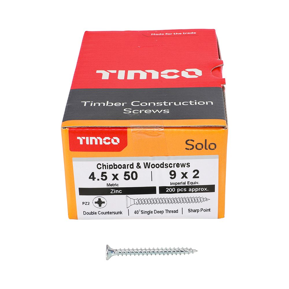 TIMCO Solo Woodscrew PZ2 CSK Zinc 4.5 x 50 Silver Pack 200
