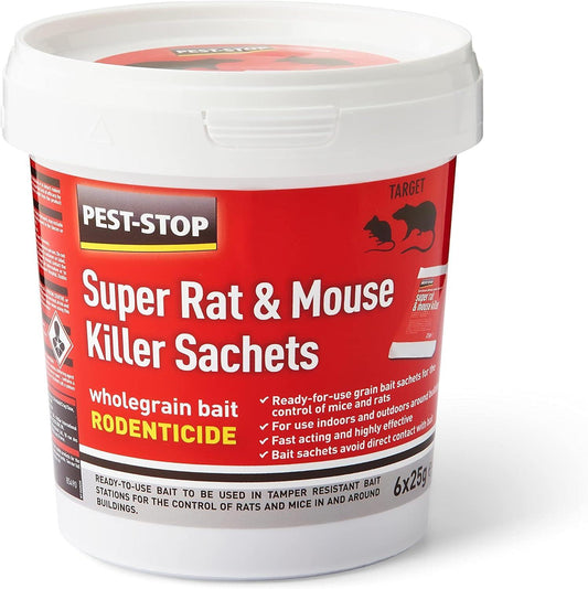 Pest Stop Super Rat & Mouse Killer Sachets - difenacoum (6 x 25g) (Pack of 6)