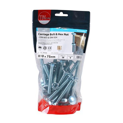 TIMCO Carriage Bolt & Hex Nut - BZP M10 x 75 Silver Pack 28