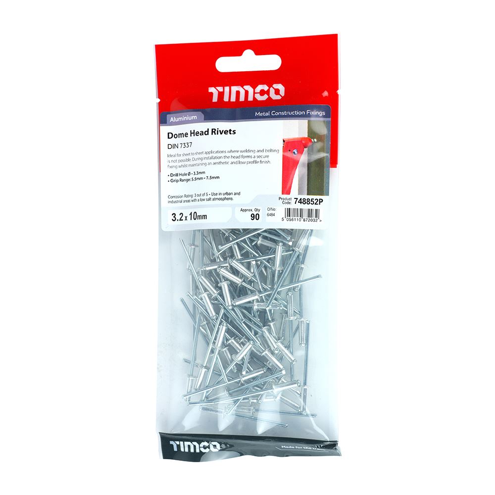 TIMCO Rivets - Dome Head - Aluminium 3.2 x 10 Pack 90