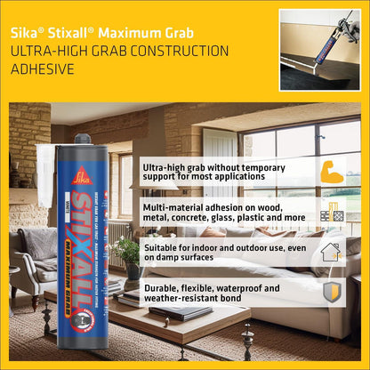 Sika Stixall Maximum Grab White 290ml Building Adhesive – Ultra High Grab, Waterproof, Flexible Interior & Exterior Bonding