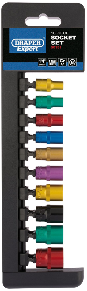 Draper 1/4 6PT 10PC SOCK.RAIL.COLOUR 50151 Metric Coloured Socket Set, 1/4" Sq. Dr. (10 Piece)