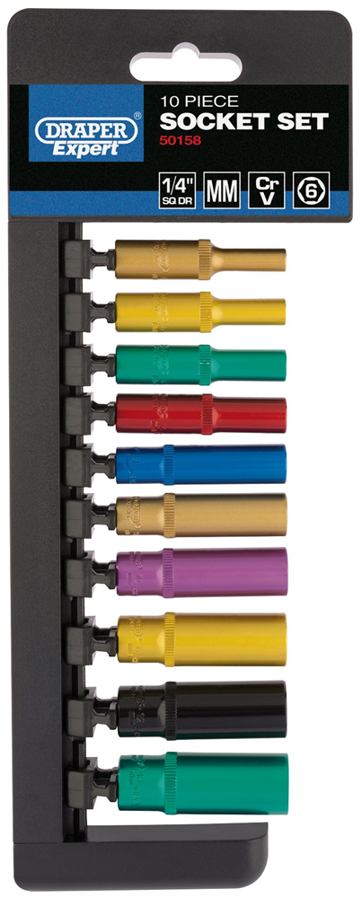 Draper 1/4 6PT 10PC DEEP SOCKET SET 50158 Metric Coloured Deep Socket Set, 1/4" Sq. Dr. (10 Piece)