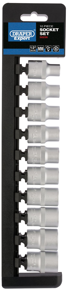 Draper 1/2 6PT 10PC SOCKET RAIL SET 50236 Metric Socket Set, 1/2" Sq. Dr. (10 Piece)