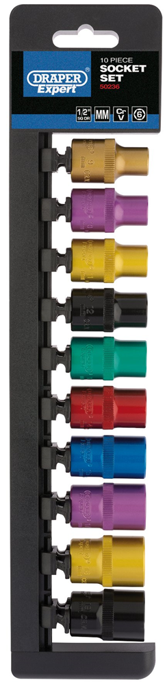 Draper 1/2 6PT 10PC SOCKET RAIL SET 50493 1/2" Sq. Dr. Metric Coloured Socket Set (10 Piece)