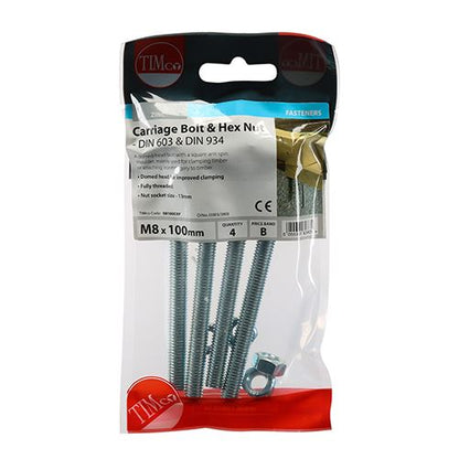 TIMCO Carriage Bolt & Hex Nut - BZP M8 x 100 Silver Pack 4