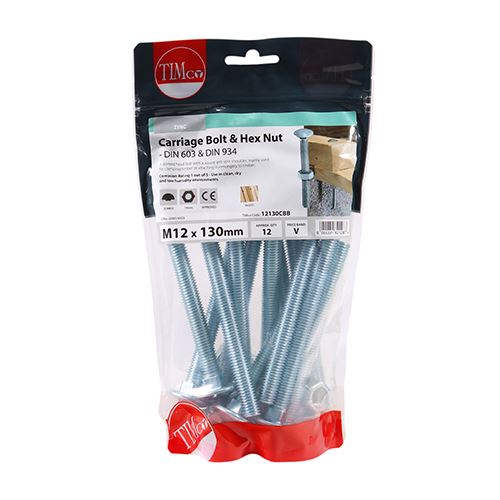 TIMCO Carriage Bolt & Hex Nut - BZP M12 x 130 Silver Pack 12