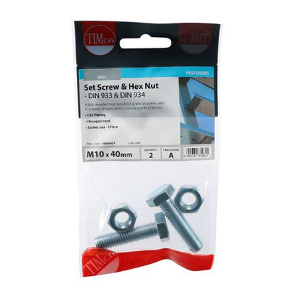 TIMCO Set Screw & Hex Nut - BZP M10 x 40 Silver Pack 2